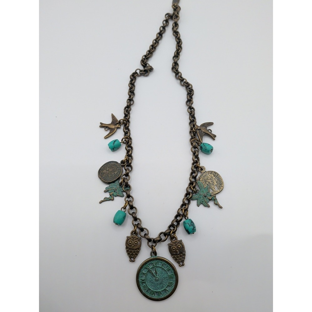 Handmade Tsarina Chain Necklace‎ With Turquoise And Brass Tones And Charms - Picture 2 of 4
